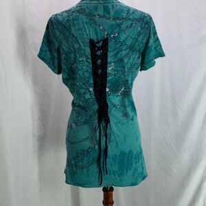 Vintage Y2K Affliction women t shirt cross chain corset lace up back XL AOP foil
